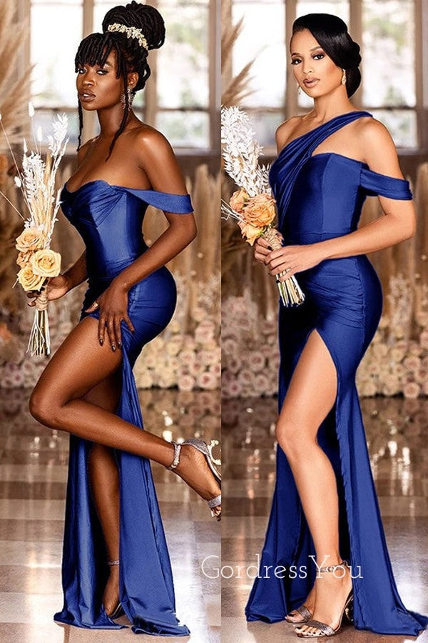 Beaded Navy Blue Satin & Tulle Mermaid Prom Dress - Promfy
